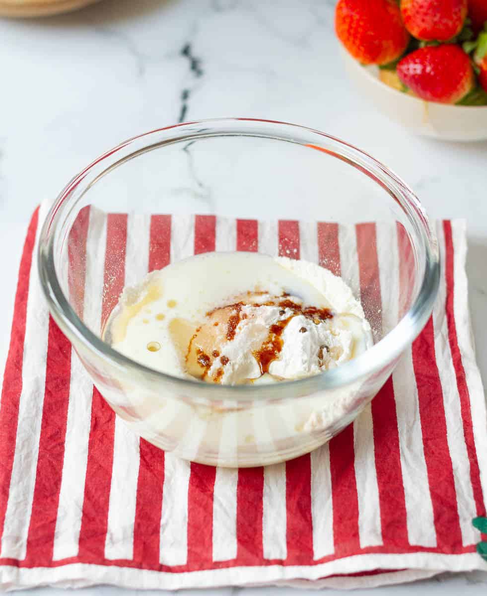 All cake ingredients in a small bowl